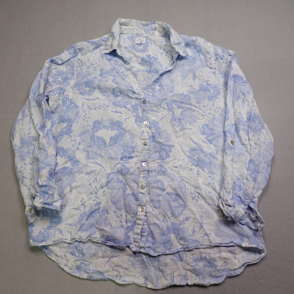 Sigrid Olsen Tunic Top Womens XL Blue Linen Button-Up Roll Tab Sleeve Floral